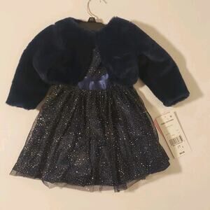 New 2T Girls Tulle Dress & Blue Faux Fur Jacket Set Easter Girl Dressy